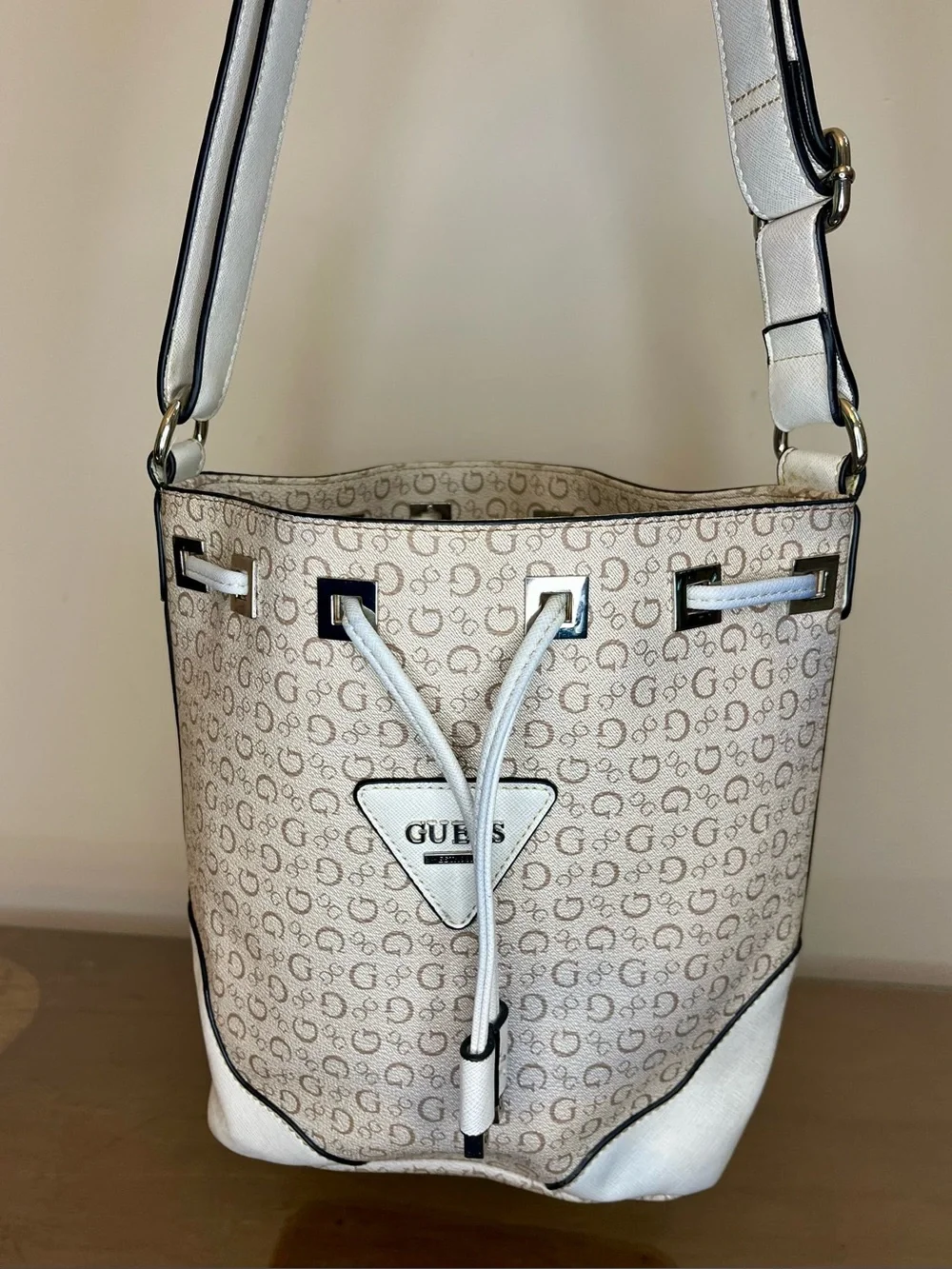 Guess Small Crossbody Bucket Bag, Monogram, Signature, Ivory, Coated, Adjustable